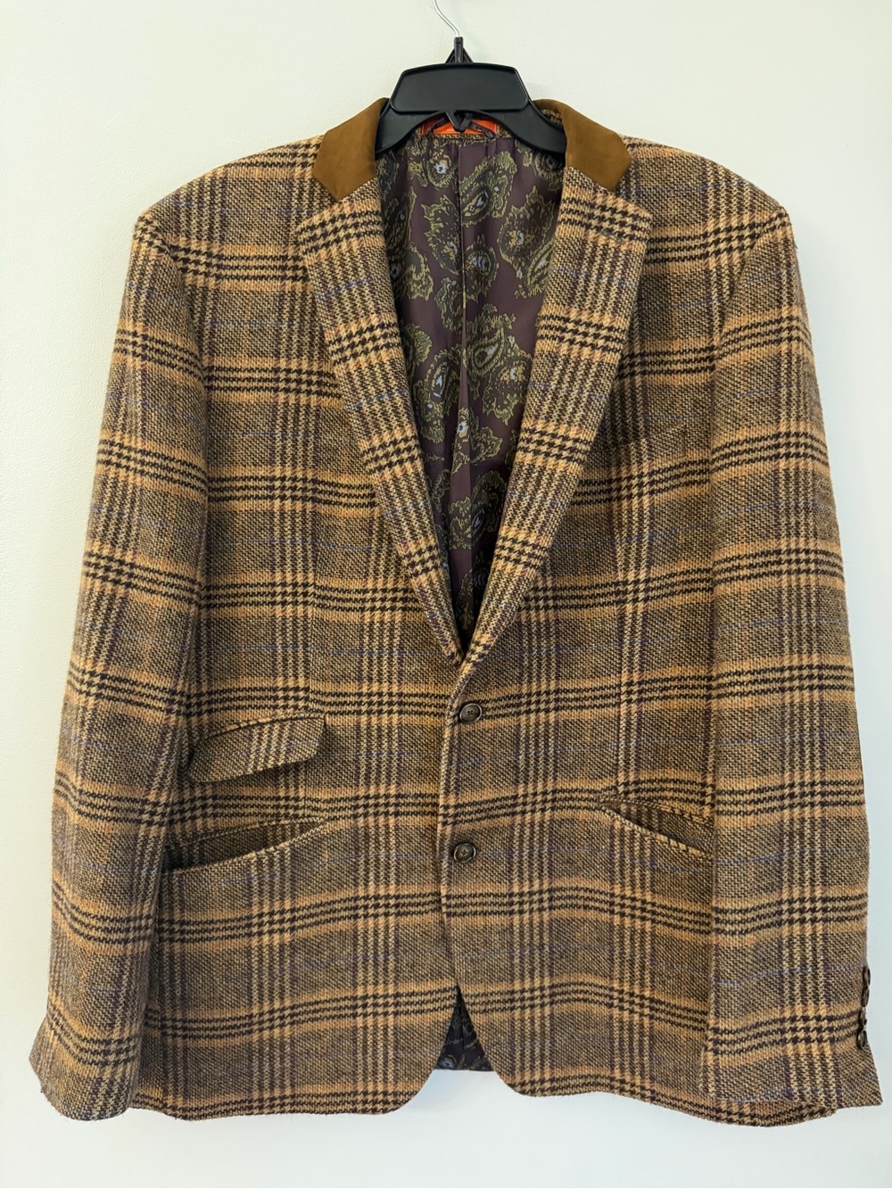 Tallia Orange Mens 44L Brown Plaid Sport Coat Wool Blend Paisley Lining Blazer
